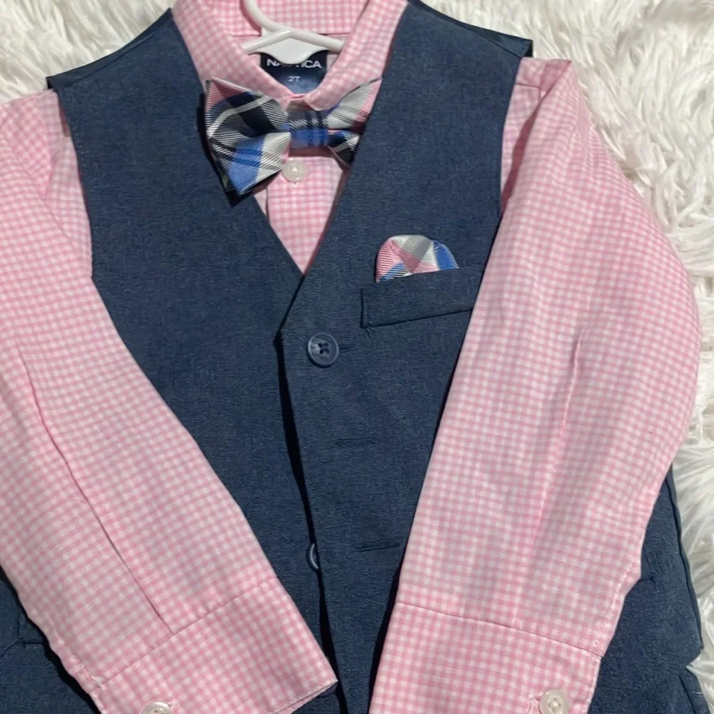 Nautica Kids Pink Shirt with Blue Vest and Bow Tie